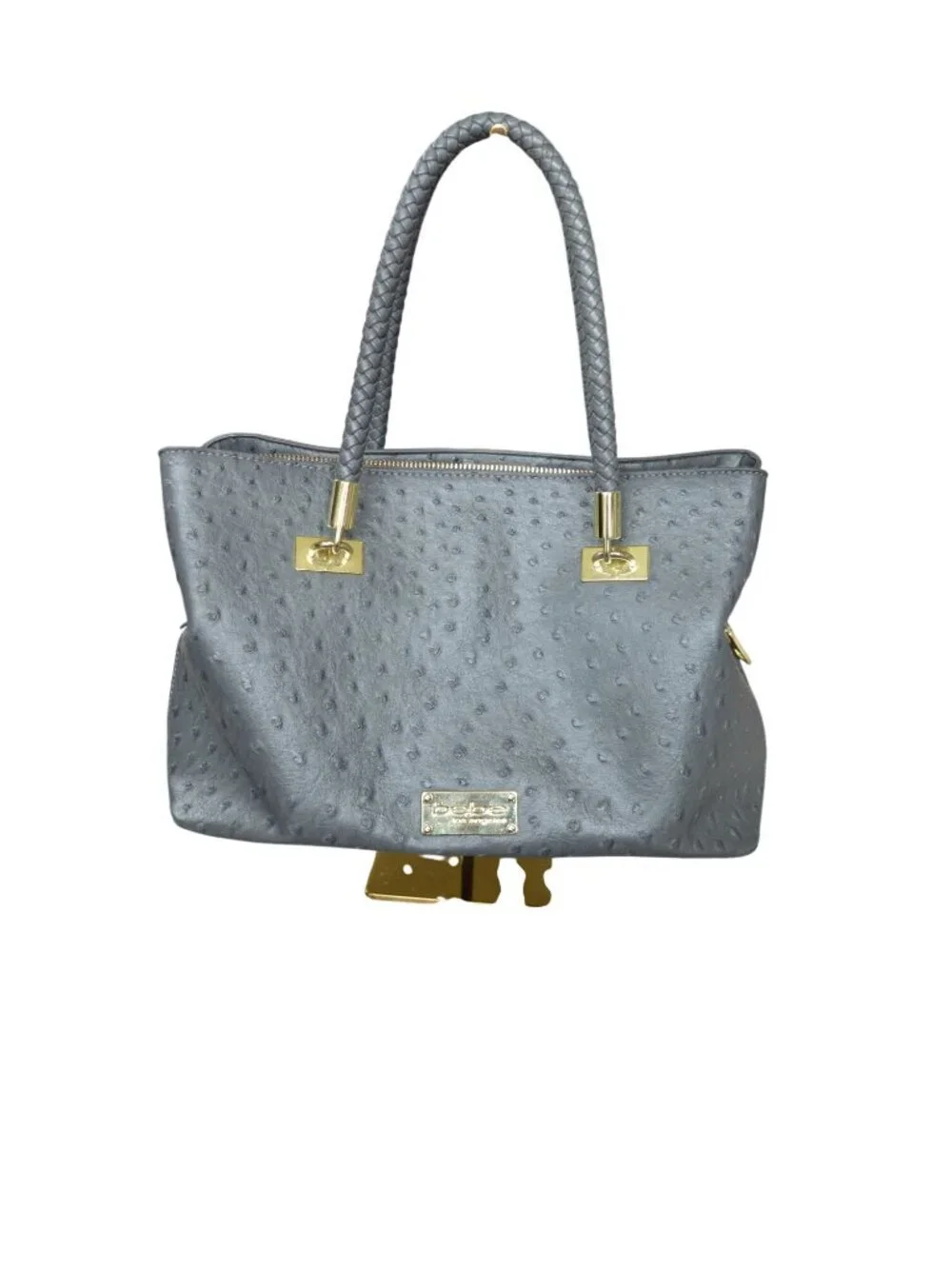 Bebe Jackie Ostrich Grey Satchel Bag Purse Braided Handles Crossbody Strap Gold